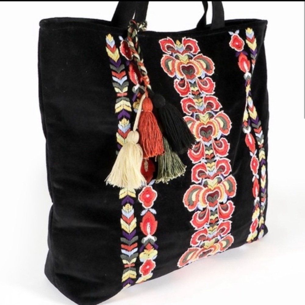 Large black velvet tote handbag with embroidery in vibrant colors❤️